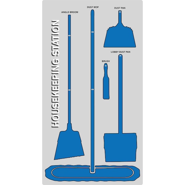 5S Housekeeping Shadow Board Broom Station Version 4 - Gray Board / Blue Shadows  With Broom